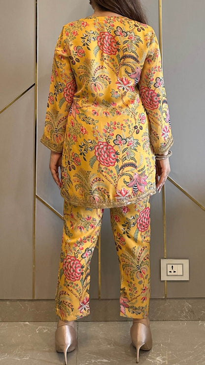 Yellow Paisley Phiran Coord with Pants and Matching Potli