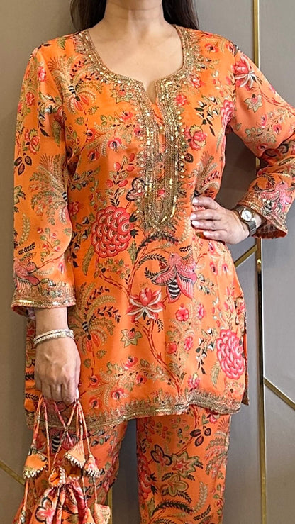 Orange Paisley Phiran Coord with Pants and Matching Potli