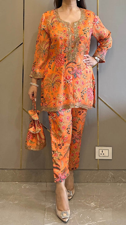 Orange Paisley Phiran Coord with Pants and Matching Potli