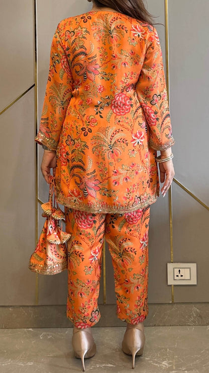 Orange Paisley Phiran Coord with Pants and Matching Potli