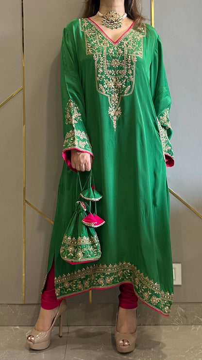 Fiza Fern Green Phiran Kurta with Churidar and Matching Potli