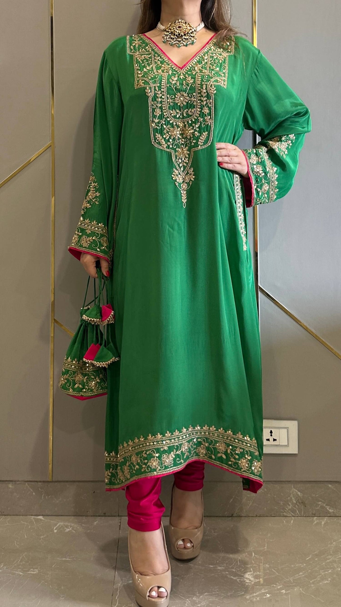 Fiza Fern Green Phiran Kurta with Churidar and Matching Potli