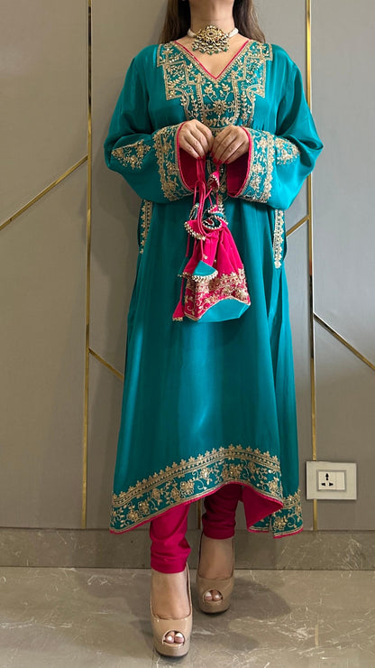 Fiza Jade Green Phiran Kurta with Churidar and Matching Potli