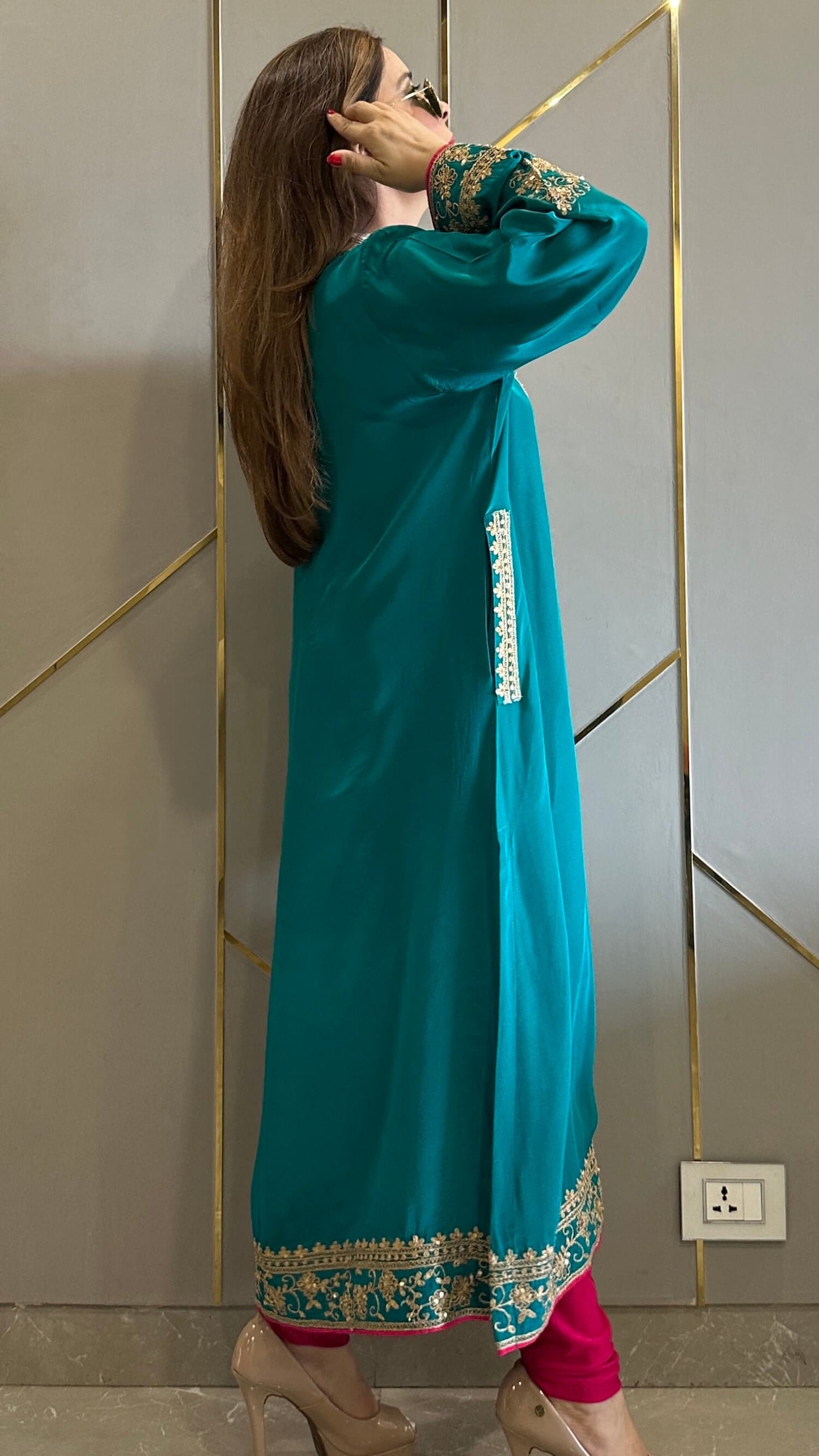 Fiza Jade Green Phiran Kurta with Churidar and Matching Potli