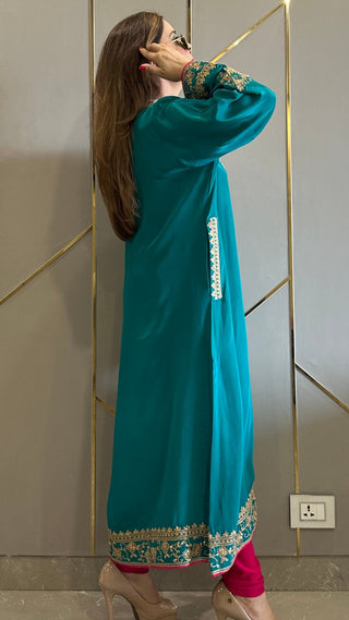 Fiza Jade Green Phiran Kurta with Churidar and Matching Potli - Express Delivery