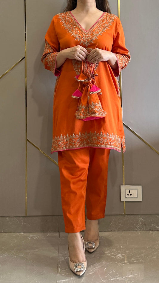 Farah Orange Cotton Silk Embroidered Phiran Co-ord