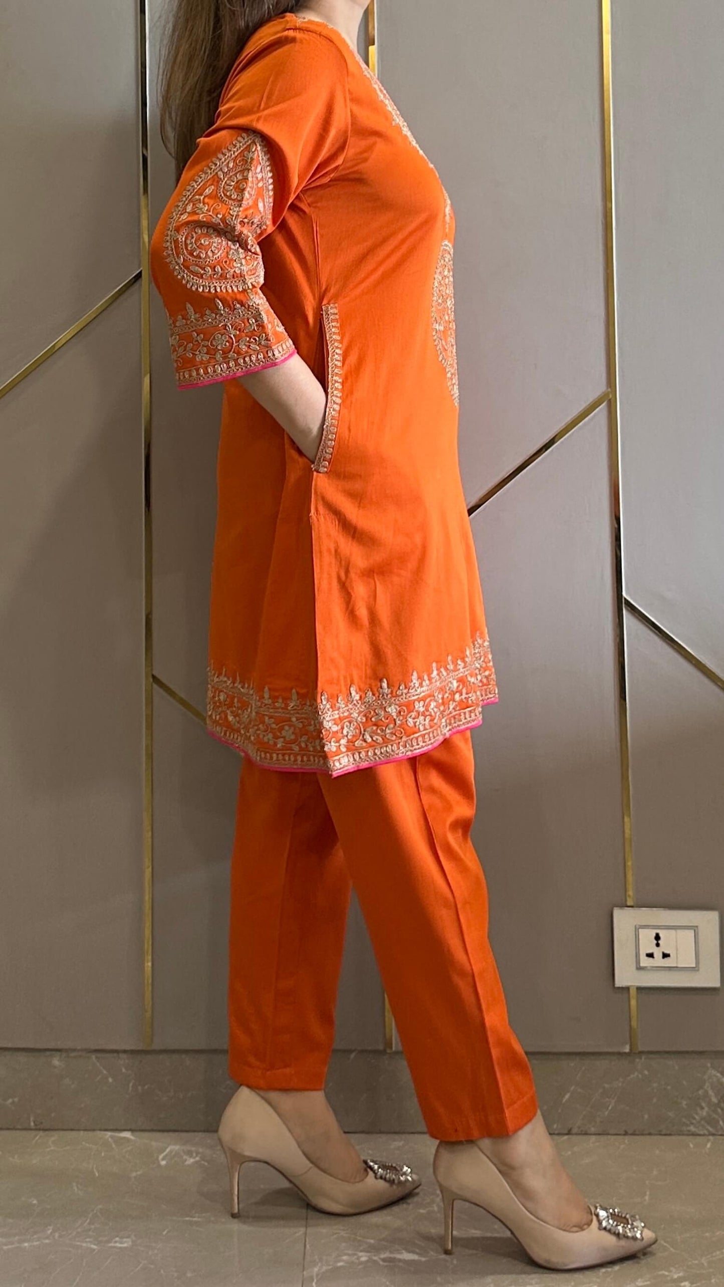 Farah Orange Cotton Silk Embroidered Phiran Co-ord