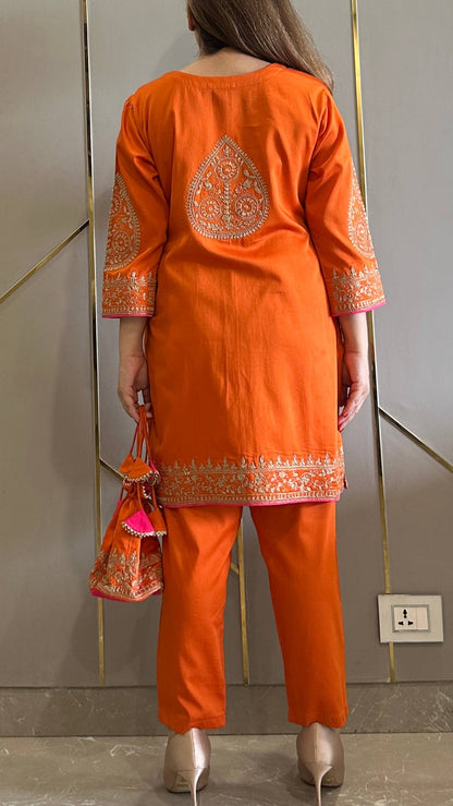 Farah Orange Cotton Silk Embroidered Phiran Co-ord