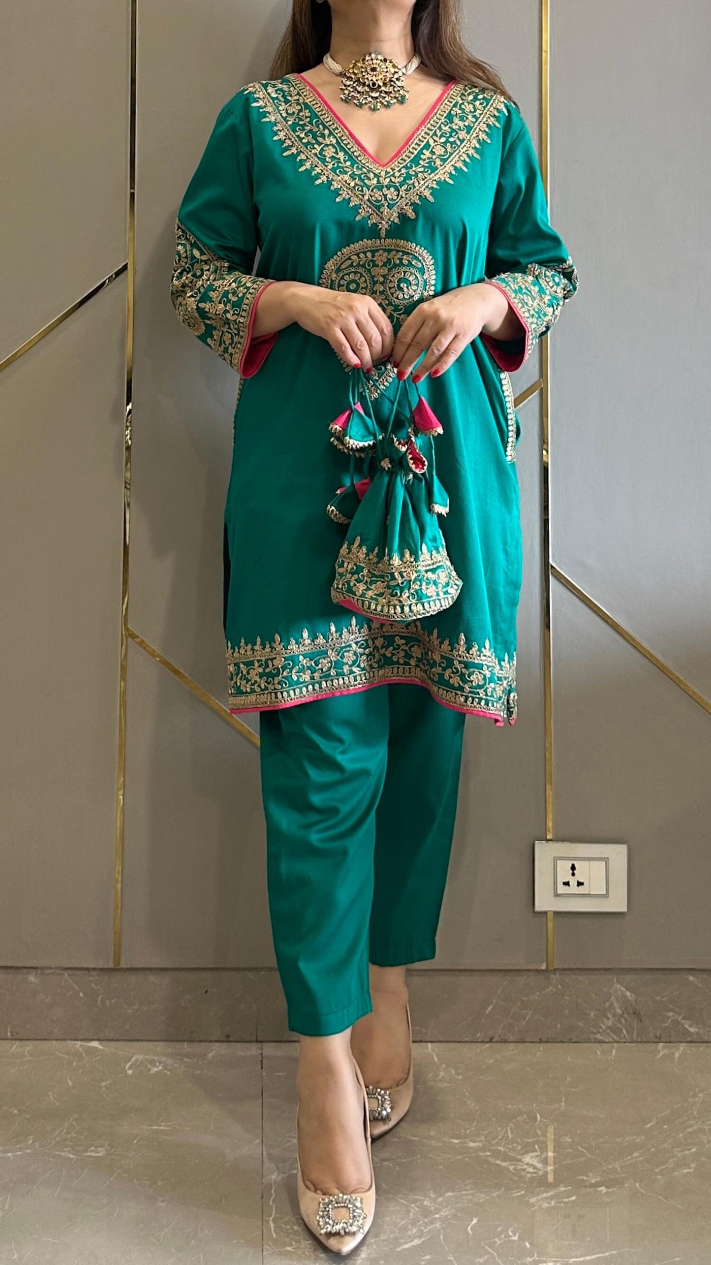 Farah Jade Green Cotton Silk Embroidered Phiran Co-ord