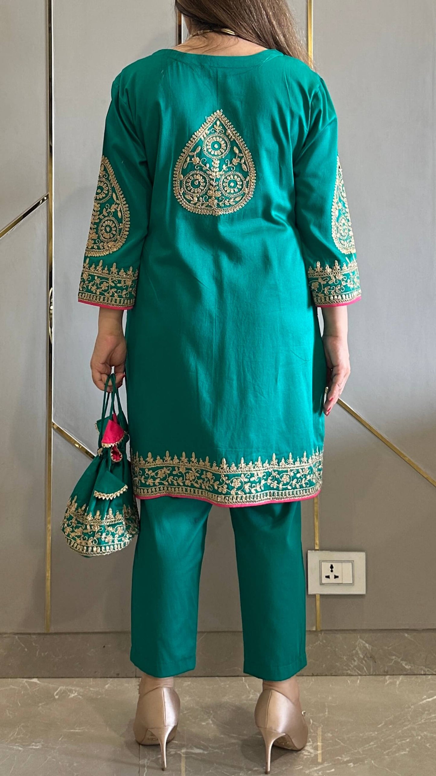 Farah Jade Green Cotton Silk Embroidered Phiran Co-ord