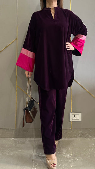 Purple Velvet Colour Block Co-ord Set