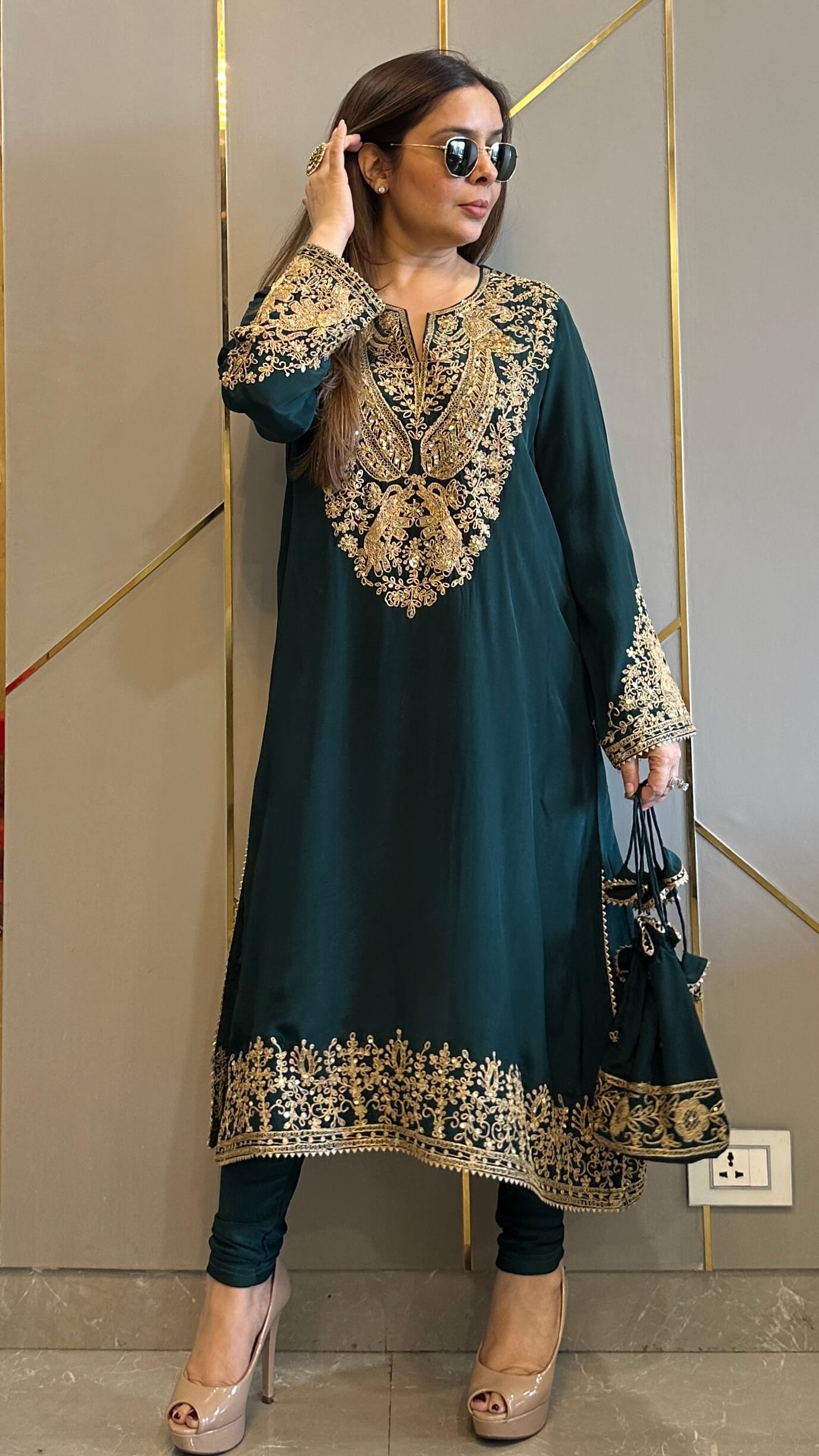 Bottle Green Baroque Crepe Phiran Kurta with Churidar