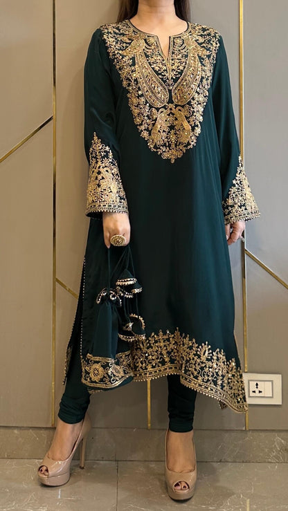 Bottle Green Baroque Crepe Phiran Kurta with Churidar