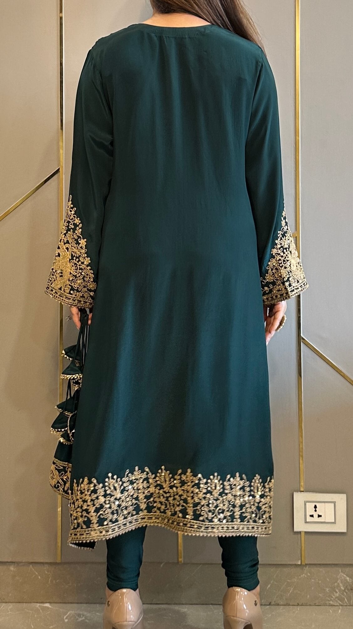 Bottle Green Baroque Crepe Phiran Kurta with Churidar