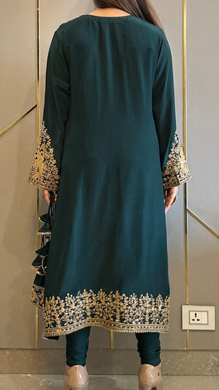 Bottle Green Baroque Crepe Phiran Kurta with Churidar - Express Delivery