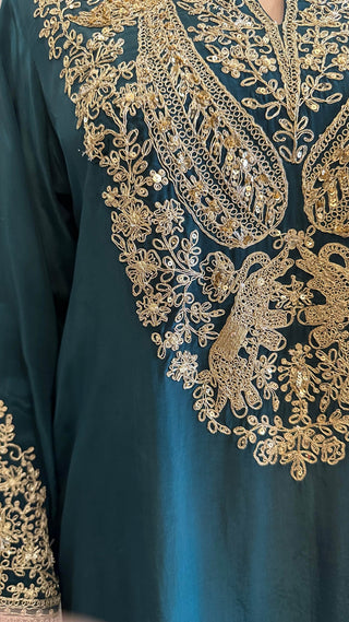 Bottle Green Baroque Crepe Phiran Kurta with Churidar - Express Delivery