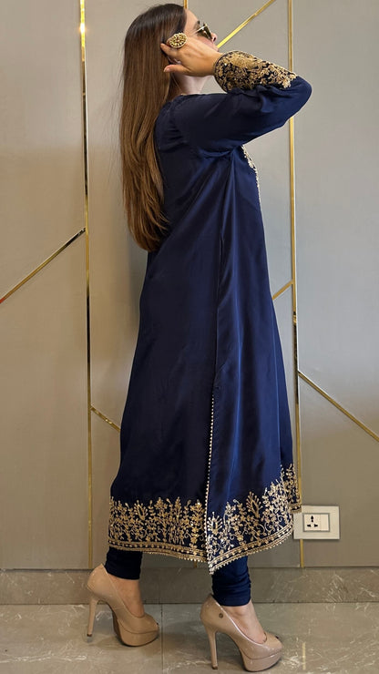 Navy Blue Baroque Crepe Phiran Kurta with Churidar