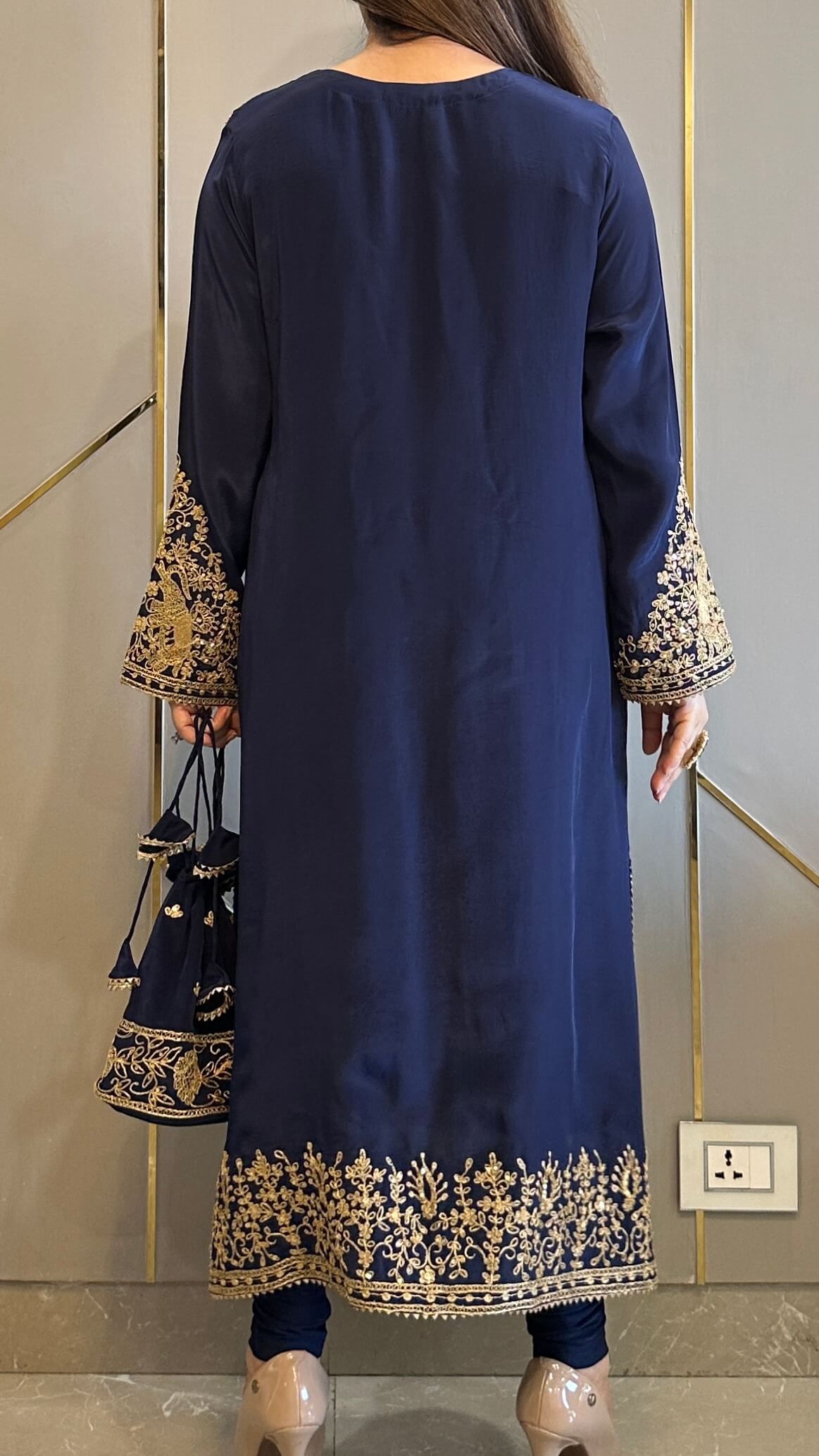 Navy Blue Baroque Crepe Phiran Kurta with Churidar