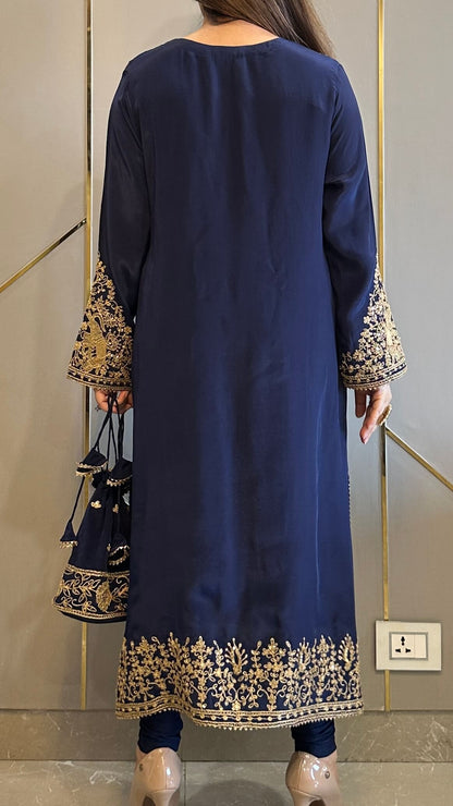 Navy Blue Baroque Crepe Phiran Kurta with Churidar