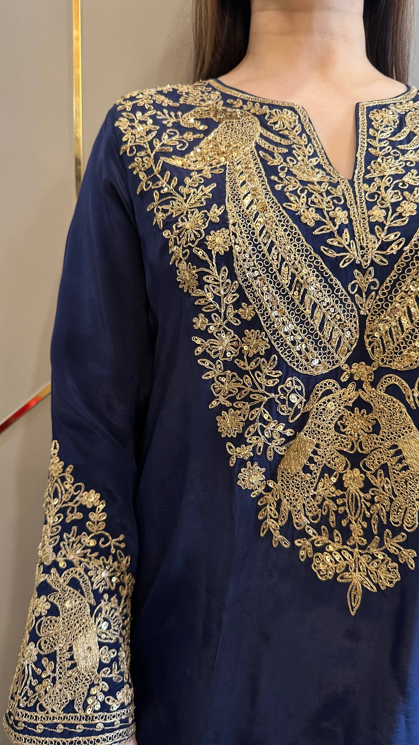 Navy Blue Baroque Crepe Phiran Kurta with Churidar