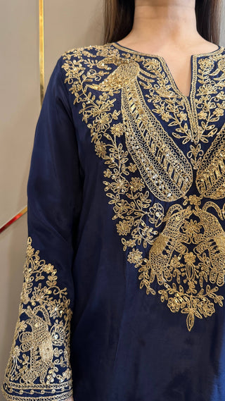Navy Blue Baroque Crepe Phiran Kurta with Churidar - Express Delivery