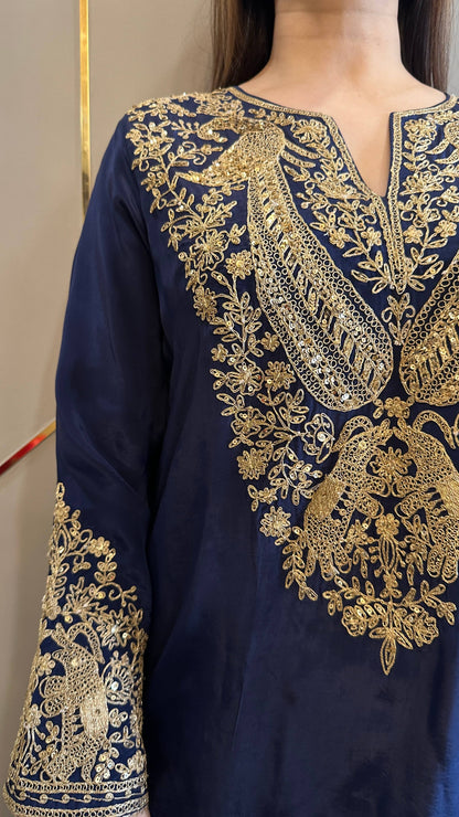 Navy Blue Baroque Crepe Phiran Kurta with Churidar