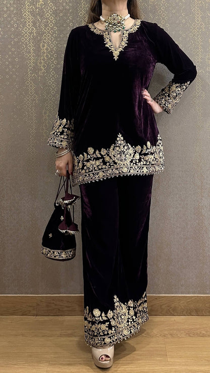 Deep Purple Mahanoor Velvet Hand Embroidered Co-ord