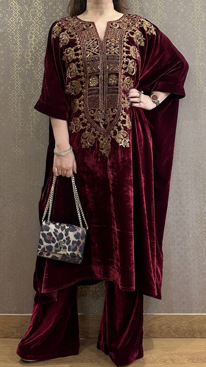 Maroon Velvet Hand-Embroidered Kaftan Co-ord