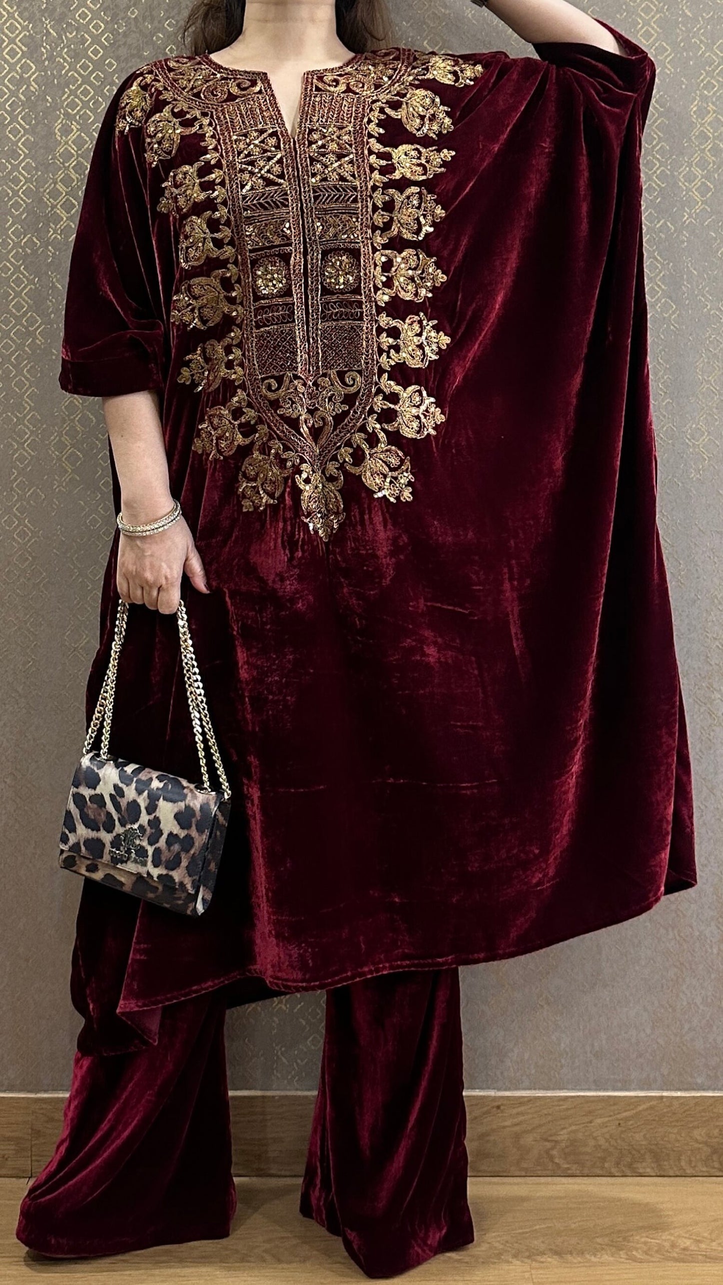 Maroon Velvet Hand-Embroidered Kaftan Co-ord