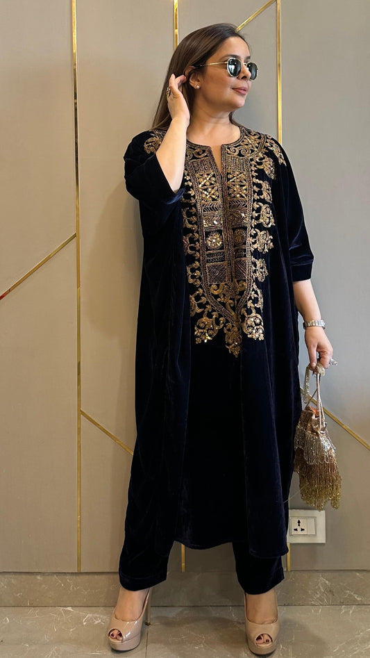 Navy Blue Velvet Hand-Embroidered Kaftan Co-ord