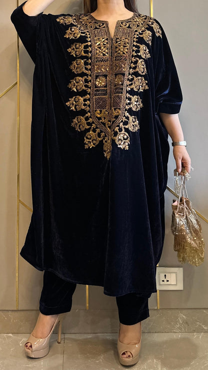 Navy Blue Velvet Hand-Embroidered Kaftan Co-ord