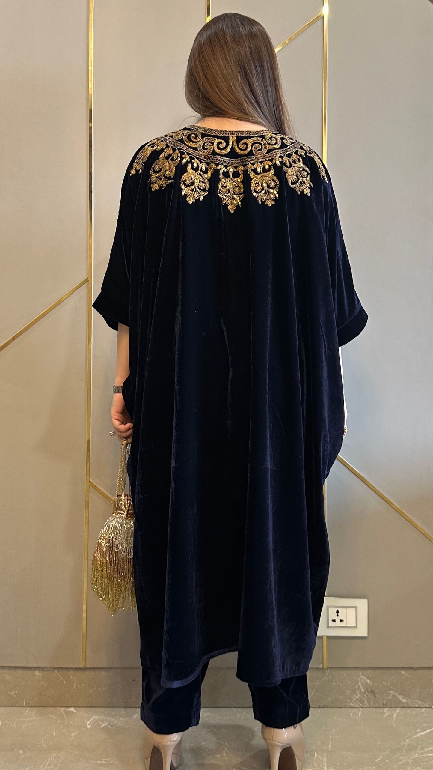 Navy Blue Velvet Hand-Embroidered Kaftan Co-ord