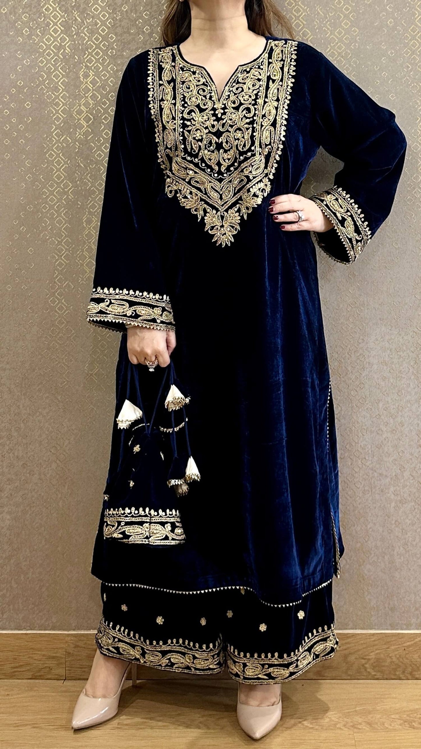 Navy Blue Velvet Aaliya Embroidered Co-ord