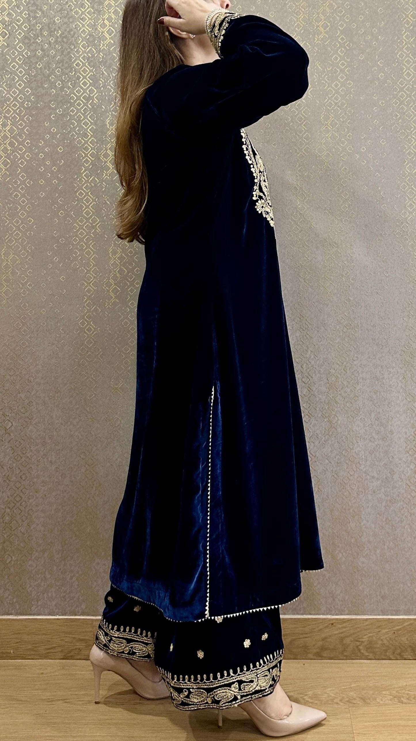 Navy Blue Velvet Aaliya Embroidered Co-ord