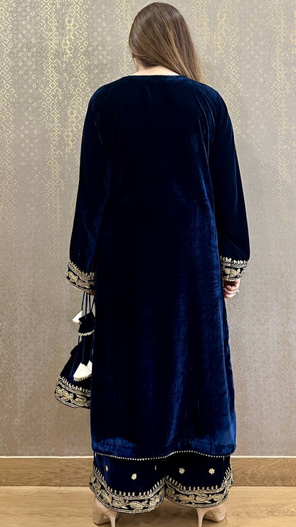 Navy Blue Velvet Aaliya Embroidered Co-ord