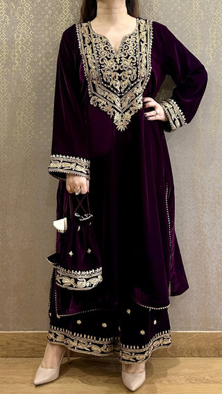 Deep Purple Velvet Aaliya Embroidered Phiran Co-ord - Express Delivery