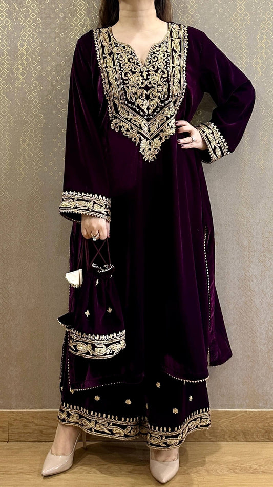 Deep Purple Velvet Aaliya Embroidered Phiran Co-ord