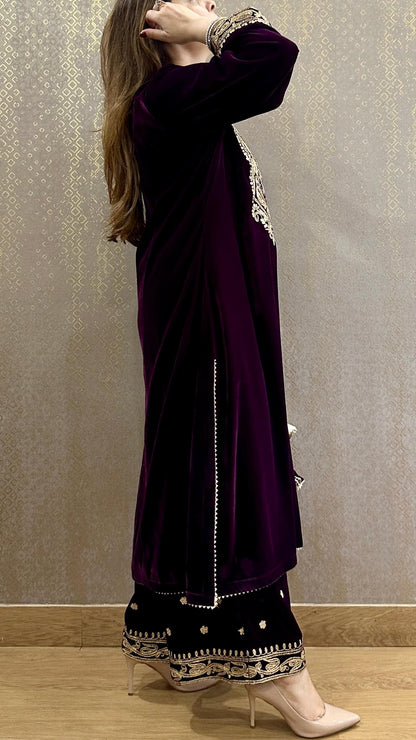 Deep Purple Velvet Aaliya Embroidered Phiran Co-ord