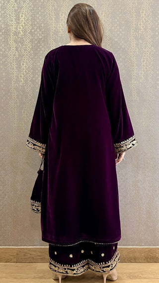 Deep Purple Velvet Aaliya Embroidered Phiran Co-ord - Express Delivery