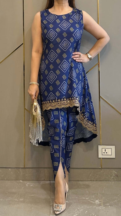 Navy Bandhej High Low Embroidered Co-ord