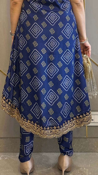 Navy Bandhej High Low Embroidered Co-ord