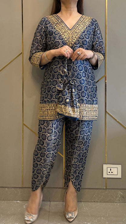 Blue Ajrakh Silk Embrdoiered Co-ord