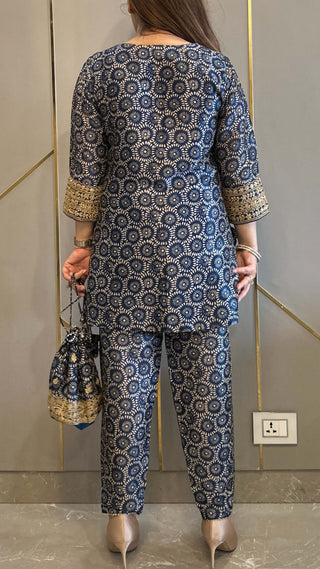 Blue Ajrakh Silk Embrdoiered Co-ord