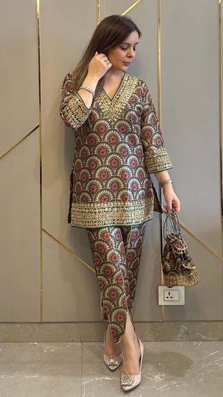 Olive Bloom Silk Embrdoiered Co-ord
