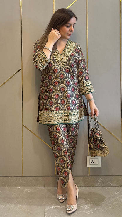 Olive Bloom Silk Embrdoiered Co-ord
