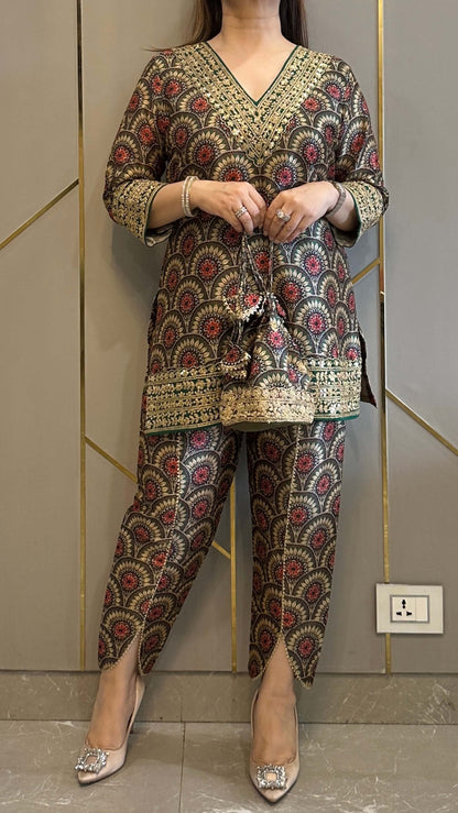 Olive Bloom Silk Embrdoiered Co-ord