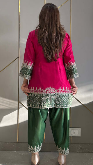 Magenta Chanderi Straight Phiran Kurta with Farshi Salwar - Express Delivery