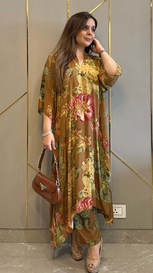 Tan Floral High Low Crepe Co-ord