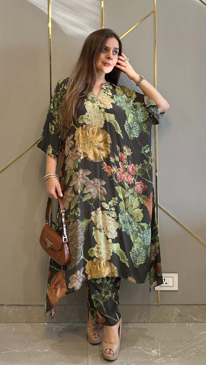 Black Floral High Low Crepe Co-ord