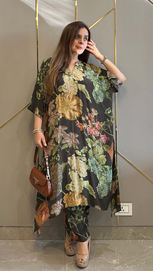 Black Floral High Low Crepe Co-ord